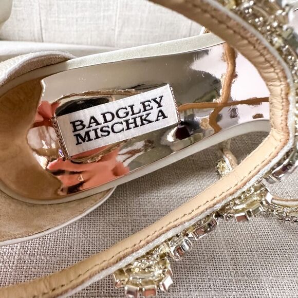 Badgley Mischka Cream Rhinestone Terry Wedge Sandals Size 10 - Picture 7 of 12